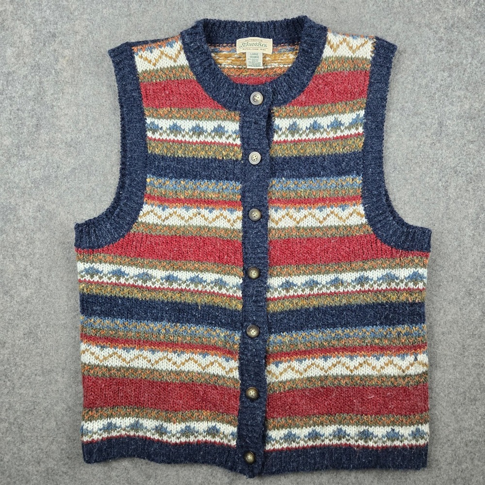 Vtg 90s St Johns Bay Sweater Vest Womens L Blue Fair Isle Knit Indie Cottagecore